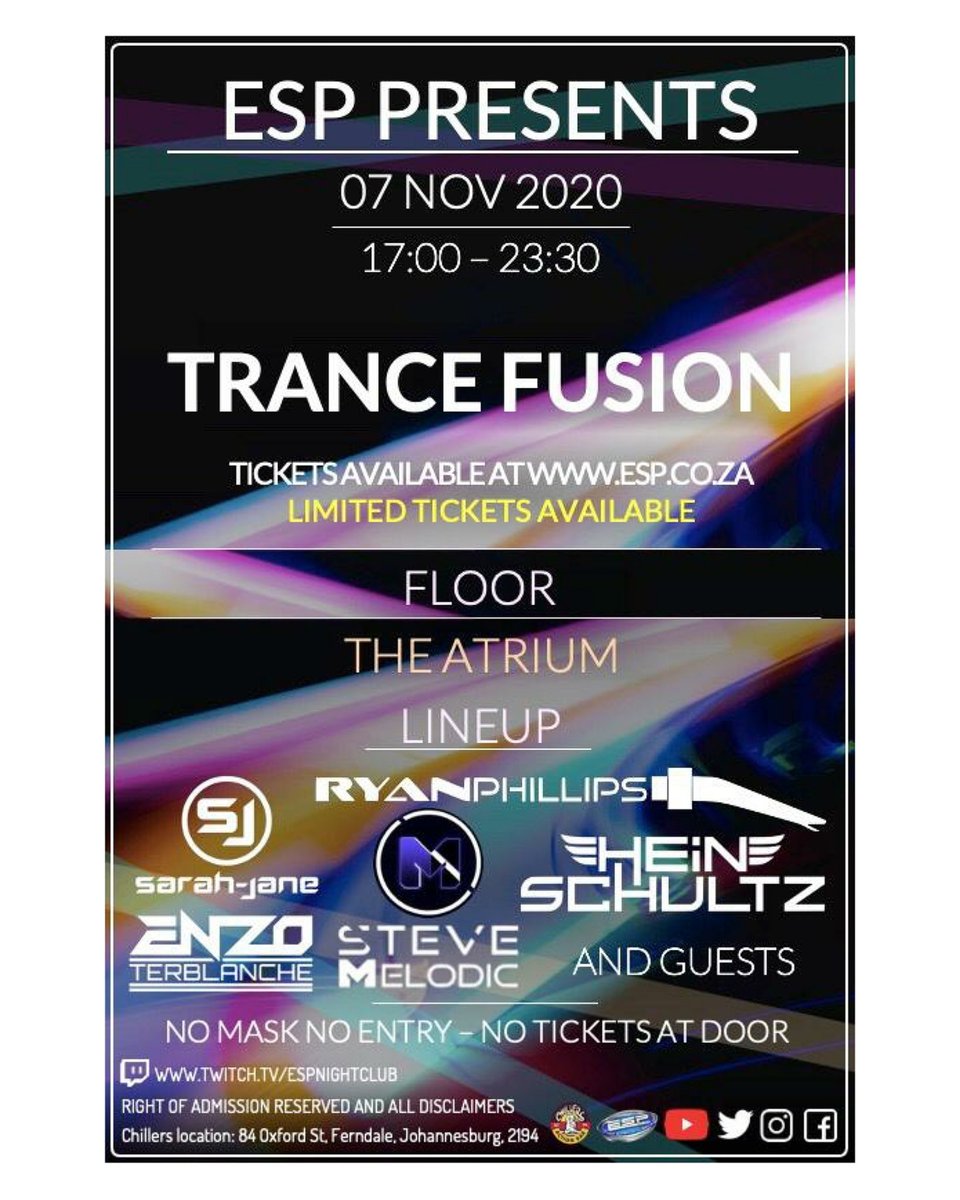 ESP presents trance Fusion with an awesome lineup ‼️

Lineup includes:
@sarahjanemoloney 
<a href="/dj/">Dorothy Jean Chang</a>.ryan.phillips 
@enzo_terblanche 
<a href="/hein/">Hein Roehrig</a>.schultz 
@stevemelodic567 

Tickets are available on qkt.io/1soVqD 🎟