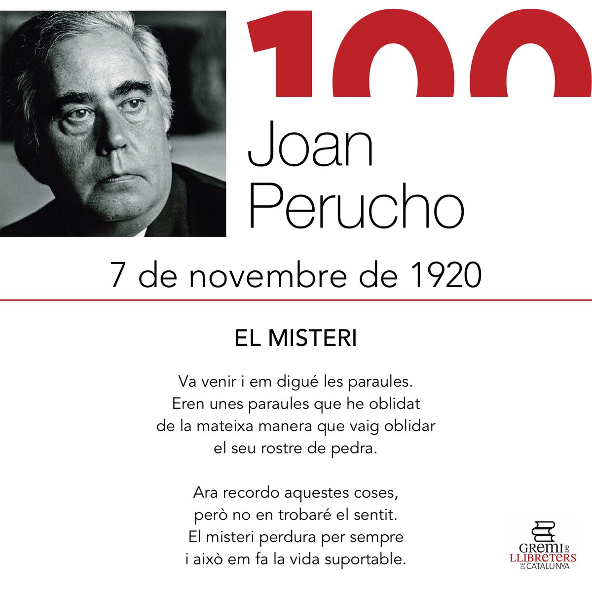 Avui, 7 de novembre, se celebra el centenari del naixement de #JoanPerucho, un dels poetes més importants de la llengua catalana del s.XX, tot i que fou conegut més per la seva narrativa i la seva carrera de jutge, més que per la seva poesia.

Us convidem a gaudir-la! ❤️

#poesia