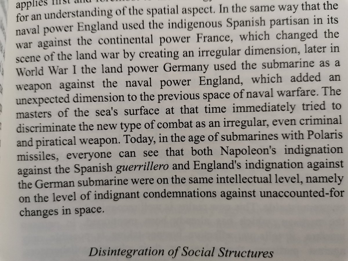 This is excellent: 'Both Napoleon's indignation against the Spanish guerrillero and England's indignation against the German submarine were on the same intellectual level, namely on the level of indignant condemnation against unaccounted for changes in space'. @paulportesi15/n