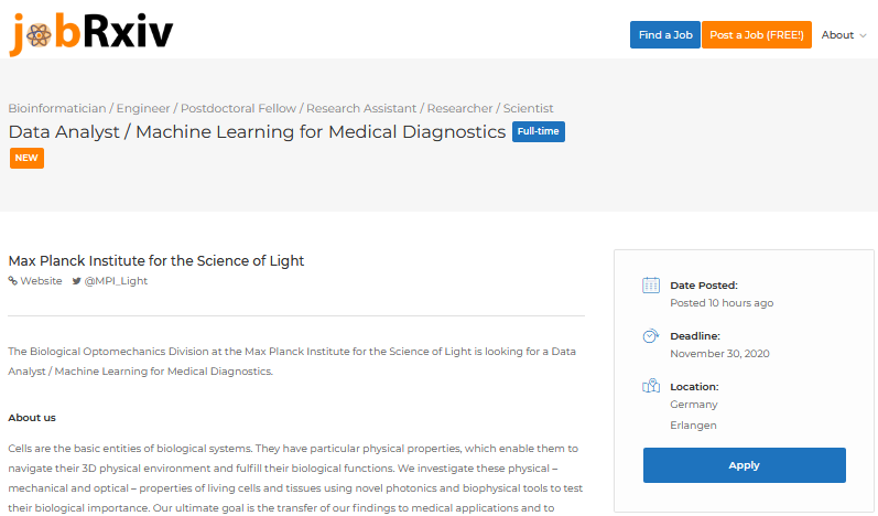 jobRxiv's tweet photo. #ScienceJobs:
Data Analyst / Machine Learning for Medical Diagnostics
Max Planck Institute for the Science of Light (@MPI_Light), Erlangen, Germany
https://t.co/9R48NWDTNU
#MachineLearning #MedicalDevices #Diagnostics #Biophysics #ImageAnalysis #ImageAnalyst #BigData #Python https://t.co/tSZc4tvXL2