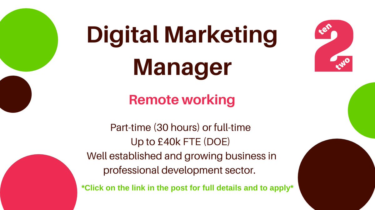 Ten2Two's tweet photo. Part to Full Time Digital Marketing Manager. Remote. Up to £40K FTE.  If you have experience across digital channels then please get in touch!  For full job details and to apply  https://t.co/g6t0Q6DoAE

#digitalmarketing #flexibleworking #ten2two #remoteworking https://t.co/cfzk1xMi0A