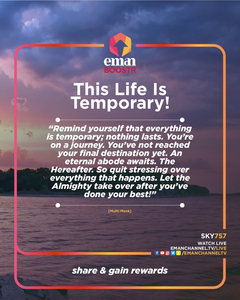 EmanChannelTV's tweet photo. Quote of the day.
Like and share.
Be a part of the dawah!
#islam #faith #quote #muftimenk #temporarylife https://t.co/v85ZlvaeQq