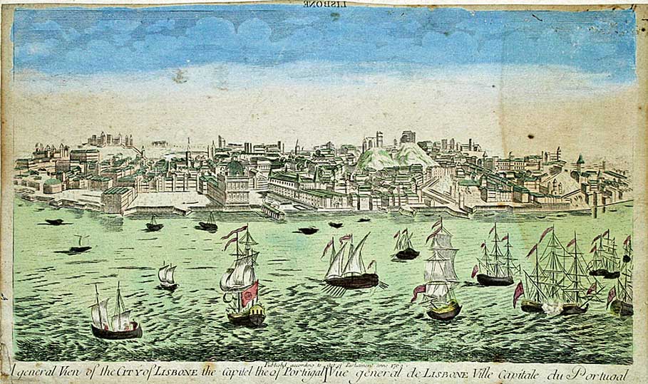 神田古本まつり 特選古書即売展 特選古書即売展カタログより沙羅書房の出品 眼鏡絵 ポルトガル リスボン湾 18世紀末刊 23x39cm 眼鏡絵はレンズを通して鑑賞し その立体感を楽しむ絵 図版上の題字が鏡面文字になっています 輸入された眼鏡絵は