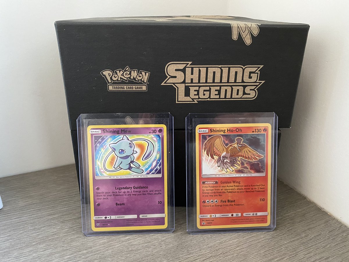 TCGFlips's tweet photo. I bought this card lot for £30 on ebay. The large stack of cards are all fake. Luckily for me, inside the small stack, i found a wild shining mew and ho-oh! Love the shining legends set. #ebay #PokemonCards #pokemon #shiningmew https://t.co/8FVOhTxKEV