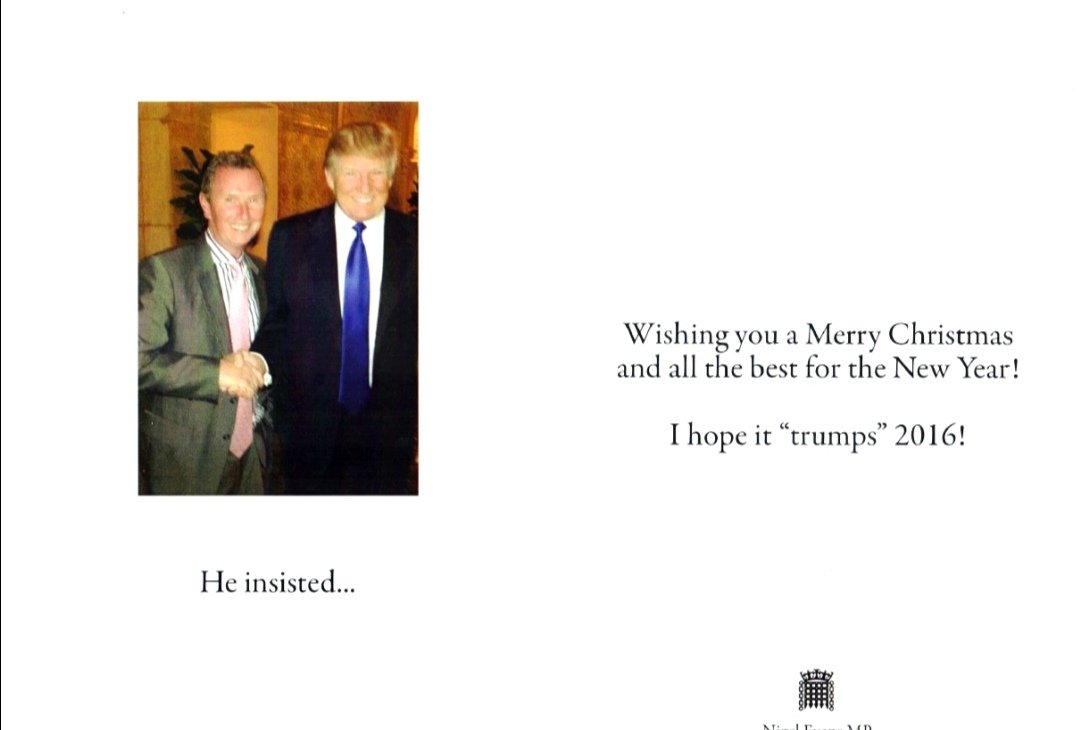 juliansheasport's tweet photo. This really was Conservative MP Nigel Evans's official #Christmas card in 2016. The next year it was one of him with Theresa May. #ohmate #trump #TrumpIsLosing https://t.co/bRKiUhBCwL