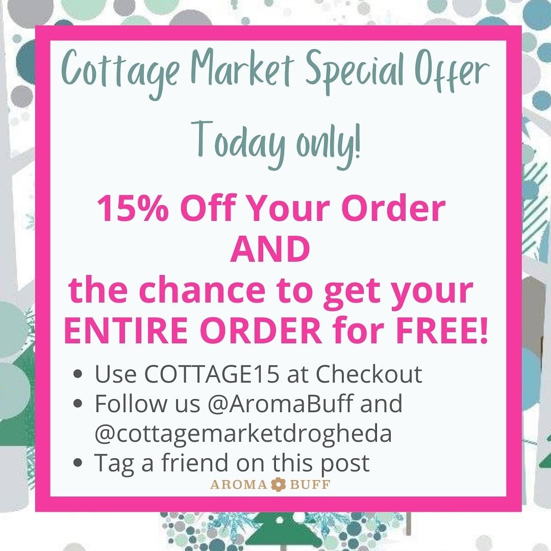 AromaBuff's tweet photo. The virtual @CottageMktDrog 11am-4pm today
Get 15% off AND the chance to WIN YOUR ENTIRE ORDER FOR FREE!
1️⃣ Place your order at https://t.co/hEDWrw1Es2 use code COTTAGE15
2️⃣ Follow @aromabuff  @CottageMktDrog 
3️⃣Tag a friend who'd like this too
#shoplocal #shopdrogheda #BuyIrish https://t.co/1MwuldUad7