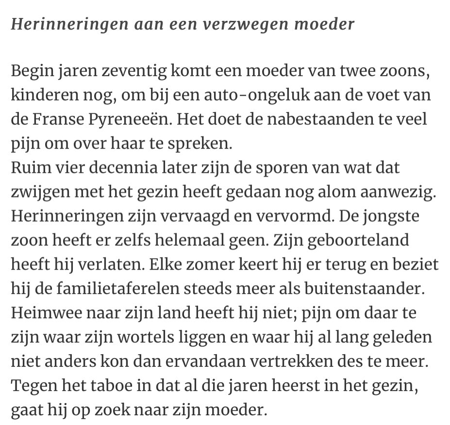 Eenzaam, de dapperen - Olga Majeau
<a href="/Querido_nl/">Uitgeverij Querido</a> 

‘een mooie literaire pen in het verborgen verleden van haar Franse echtgenoot Didier. Want waarom kan hij zich niks herinneren van het auto-ongeluk van zijn moeder?’

boeken.doorbraak.be/p/eenzaam-de-d…
