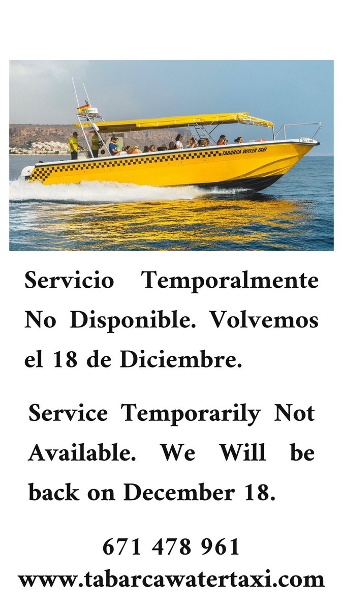 Tabarcacharter's tweet photo. Servicio Temporalmente No Disponible. Volvemos el 18 de Diciembre. Disculpen las molestias.
Service Temporarily Not Available. We Will be  back on December 18. Sorry for the inconvenience.

671 478 961
https://t.co/SS9M9Z5iBQ

#tabarca #isladetabarca #costablancaorg #alicantegram https://t.co/bggneHdDVh