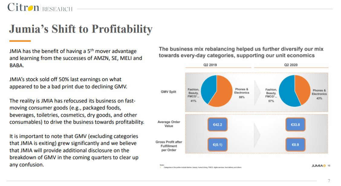 وفعلا أصدرت شركة سيترون تقريرها المحدث منذ أيام عن شركة جوميا (مع سبب تغيير توجهها بسبب الجائحة)، و أعتقد شخصيا أن الشركة بدأت تشتري بالسهم أفاد التقرير أن السوق الأفريقي واعد وأن التركيبة السكانية ستساعد بانتعاش التجارة الإلكترونيةرابط التقرير https://citronresearch.com/wp-content/uploads/2020/10/Jumia-The-Generational-Buy.pdf