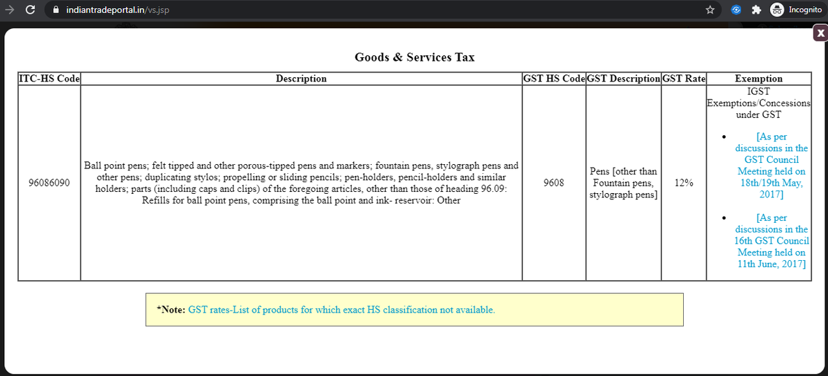 khemka_monika's tweet photo. @ManishKhatri_Ji @pentonicdj @PiyushGoyal @12 @6 @ManishKhatri_Ji @pentonicdj @PiyushGoyal @PiyushGoyalOffc @CimGOI @dgftindia @GST_Council @cbic_india @_DigitalIndia @PIB_India 
In Indian Trade Portal &amp; in Niryat Mitra app launched by Ministry of Commerce, GoI, IGST rate for refills of ball pen is given as 12%. https://t.co/ESm92o01P9