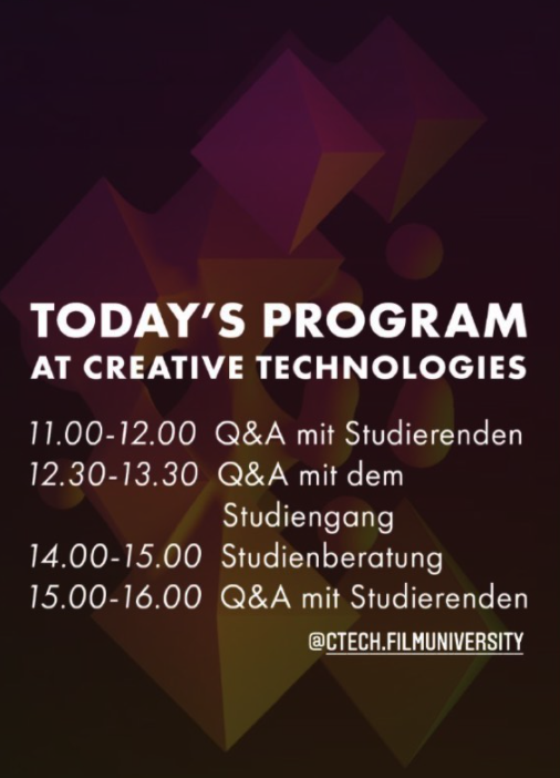 ctech_filmuni's tweet photo. Want to get to know us? Come the virtual open day at our university today! We are looking forward to talking to you... bring all of your questions.

https://t.co/WK81e9DZ0X

@Filmuni https://t.co/7QcZ1To6nQ