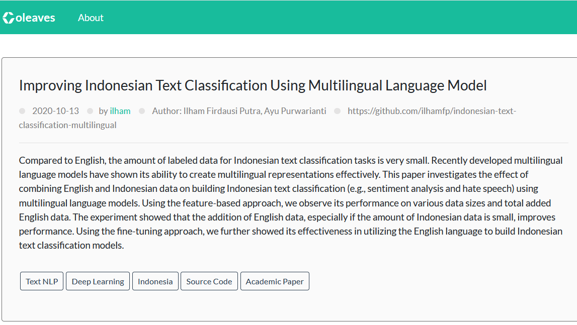 ColeavesAI's tweet photo. Halo Leaves! @ilhamfp31 merilis repository undergraduate assignmentnya tentang Indonesia Text Classification menggunakan Multilingual Text Classification (mBERT dan XLM-R). Repo experimentnya cukup rapi dan enak untuk dijalankan :) https://t.co/xrEEdSd8Ui #MachineLearning https://t.co/SaJa3zxXec