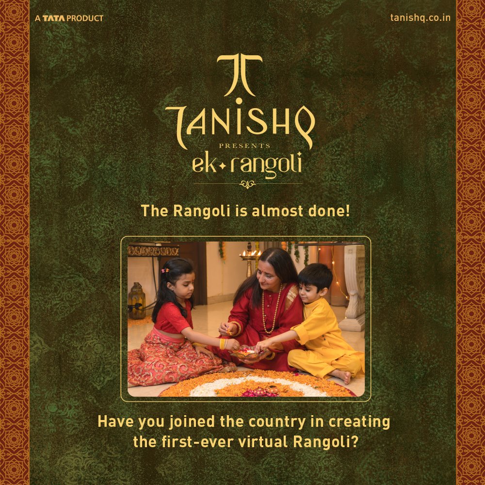 For the first time ever, we are bringing the country together to create a virtual Rangoli. Join us today and make sure you are a part of it! Click on the link to participate: bit.ly/2TAQZj0 #TanishqWaliDIwali #Tanishq #EkatvamByTanishq