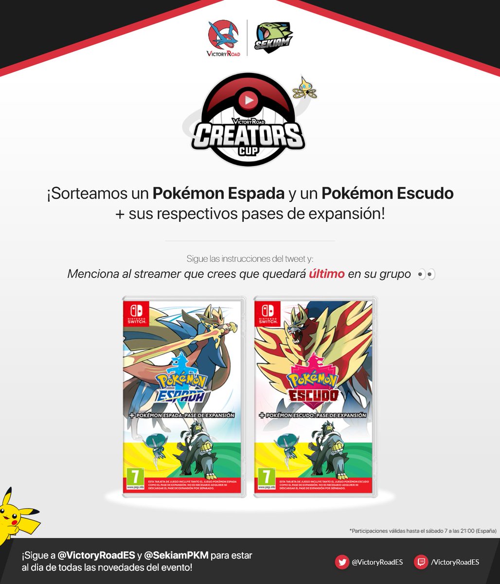 VictoryRoadES's tweet photo. ¡Llegan MÁS regalos! 🎅

¡Sorteamos DOS nuevas versiones físicas de Pokémon Espada y Pokémon Escudo + su pase de expansión!

1⃣ RT a este tweet
2⃣ Sigue a @VictoryRoadES y @VGCVictoryRoad
3⃣ Menciona al que crees que quedará ÚLTIMO de su grupo 🐒
4⃣ Añade el hashtag #CreatorsCup2 https://t.co/n4tS6qDZzt