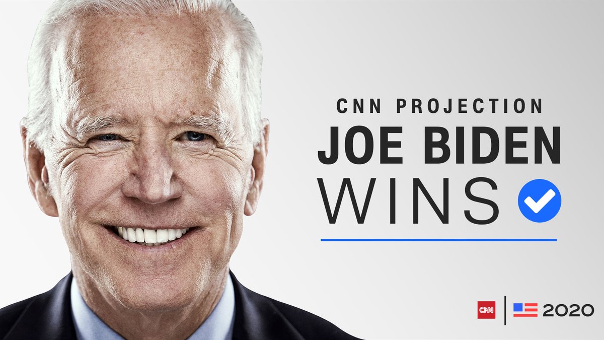 BREAKING: JOE BIDEN WINS Joe Biden will be the 46th president of the United States, CNN projects, after a victory in Pennsylvania puts the Scranton-born Democrat over 270 cnn.it/2Ij8kuo #CNNElection