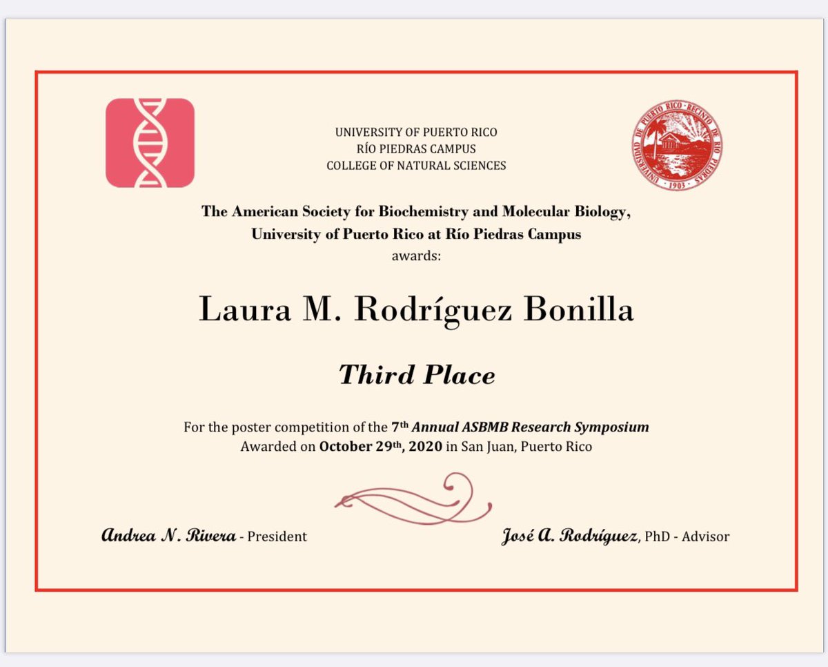 MicroMariel's tweet photo. I am beyond happy to have won my first ever presentation award at the Annual ASBMB-UPRRP research symposium for my eposter this year! Thank you to @theJARMlab and @asbmb_uprrp @UPR_Oficial! 
Now off to ABRCMS 2020 😆 https://t.co/5bWqQEA4rY