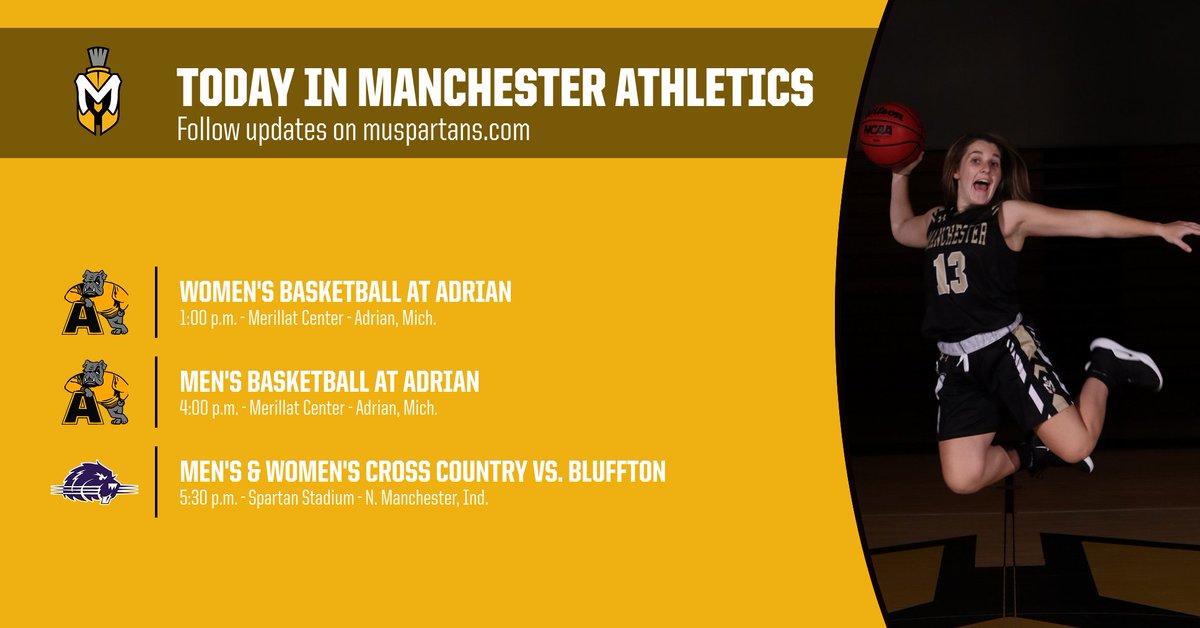 MUSpartans's tweet photo. Good luck this afternoon to all of our Spartans in action today! 

@SpartansWBBALL and @Spartans_MBB will take on Adrian on the road.

@MUCCTF hosts Bluffton in dual meet in Spartan Stadium.

Follow updates here: https://t.co/KXVuxbgnJY

#MUSpartans l #ManchesterUniversity https://t.co/c9EjBO8Lxc