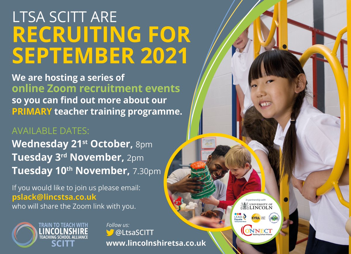 #primary information events,  the next session is Tuesday 10th Nov at 7:30pm, if you'd like to join us to find out more about training to teach email pslack@lincstsa.co.uk for the link buff.ly/2JzkP2o
@LEADEquateTSA <a href="/KyraDirect/">KYRA Train to Teach</a> <a href="/EBSchoolDirect/">Ellison Boulters ITT</a> <a href="/ConnectTSA/">ConnectTSA</a> <a href="/UoLCareers/">University of Lincoln Careers & Employability</a>