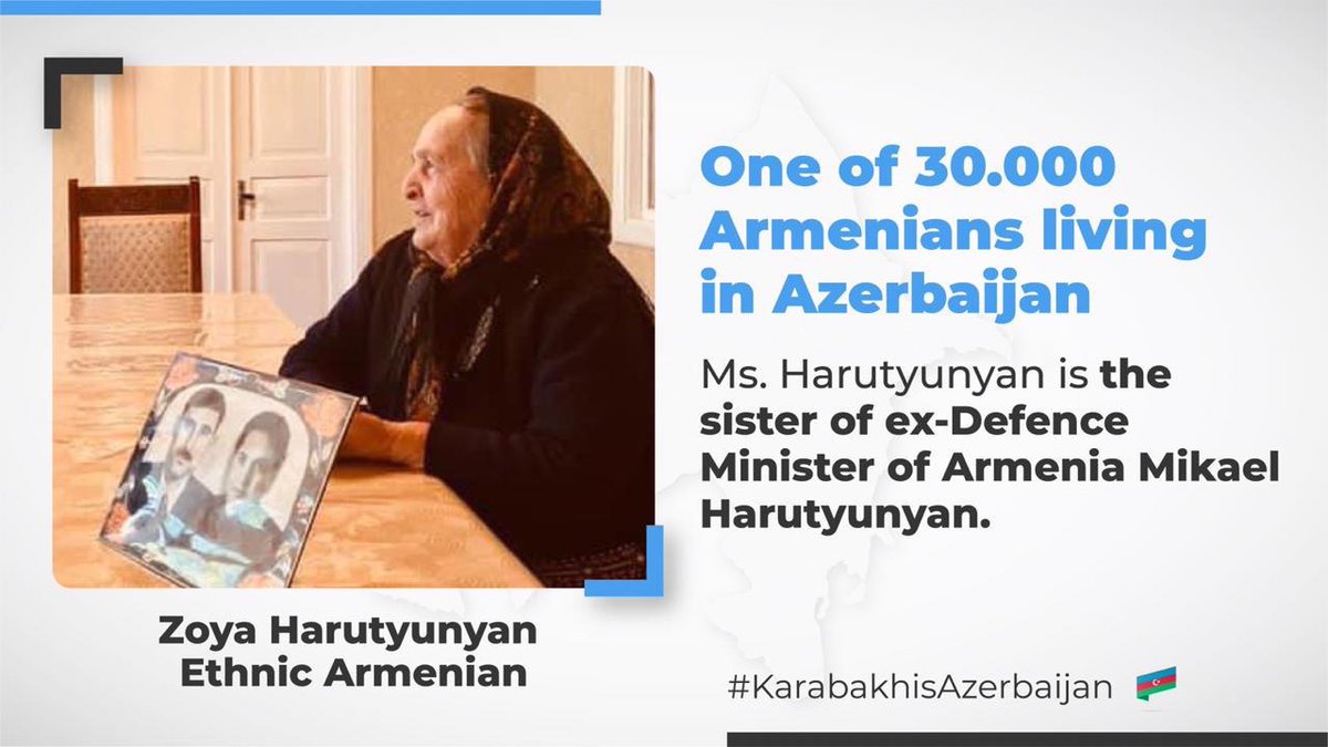 Ibrahim_IZD's tweet photo. Zoya Harutyunyan, sister of former defense minister of Armenia, is living peacefully in Kurdamir. Then Armenia calls us aggressors. She is just one of the 30,000 Armenians living in Azerbaijan. 
#KarabakhisAzerbaijan 
#StopArmenianAggression 
#StopArmenianOccupation https://t.co/aqIGbuJoxt