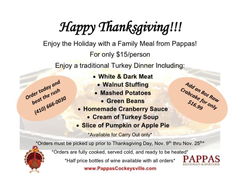 BcRestaurantWk's tweet photo. Pappas in Cockeysville wants to take care of your Thanksgiving at home! Enjoy a traditional turkey dinner with all the fixings for just $15 per person. Give them a call to order ahead! 410-666-0030 https://t.co/fUzJAQmYOS