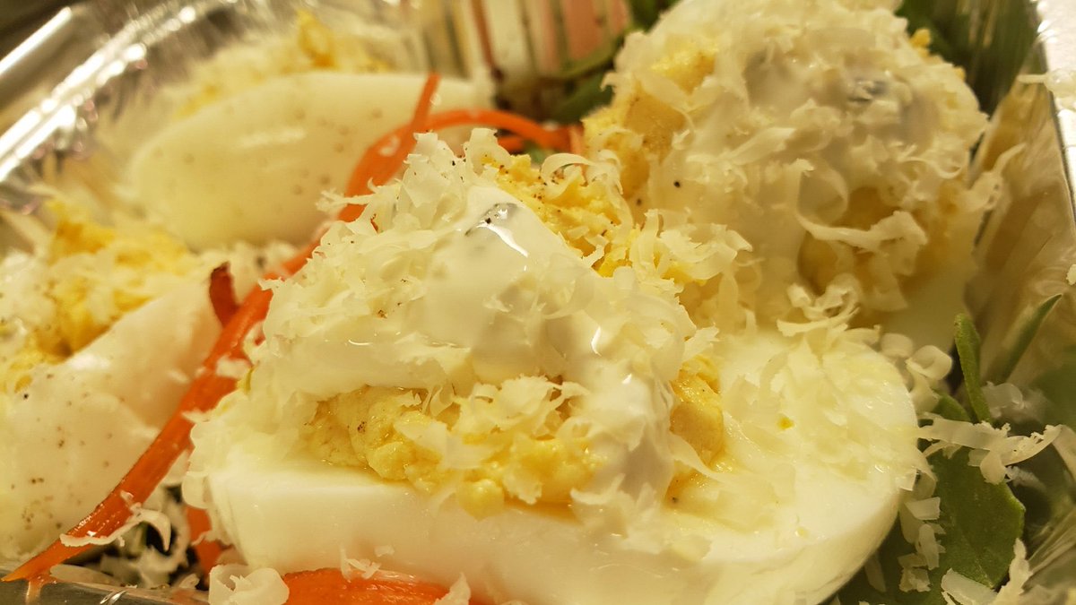 "The Devil made me do it!"
Lemon tarragon deviled eggs - dine in or take out. 
Open today 11:30 til late. Make a reservation by calling 403-342-3046. 😘