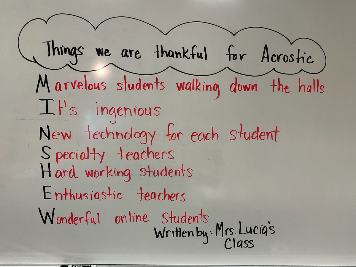 Mrs. Lucia's 5th grade class made acrostic poems about things they are thankful for at our school. Love that we have an attitude of gratitude at Minshew!  #MISDLivesKind #MinshewStrong