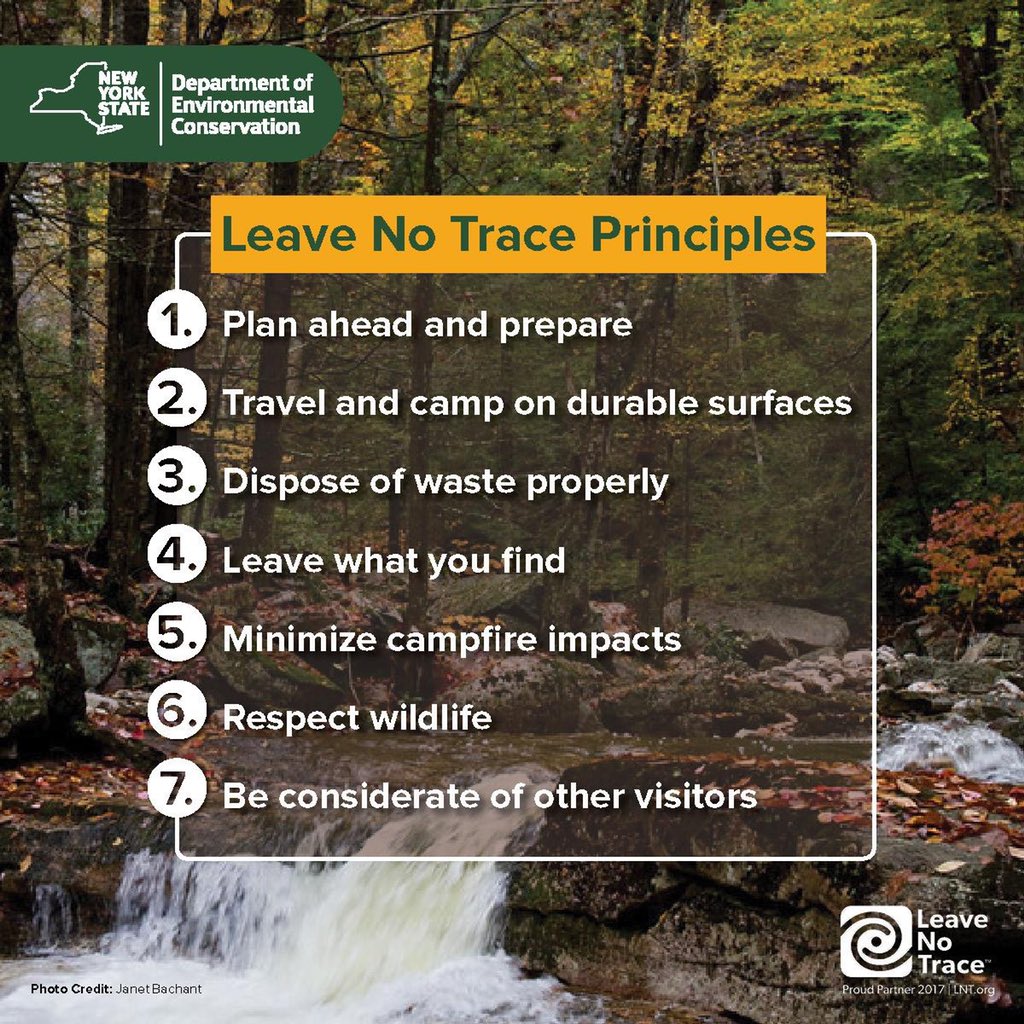 NYSDEC's tweet photo. Heading outdoors this weekend? New York State is full of beautiful places to explore. Let's keep it that way. Follow the seven principles of #LeaveNoTrace.
For more information, visit: https://t.co/SjiMcDrJnK
#PlaySmartPlaySafePlayLocal #RecreateResponsibly https://t.co/YB01fWJfOF