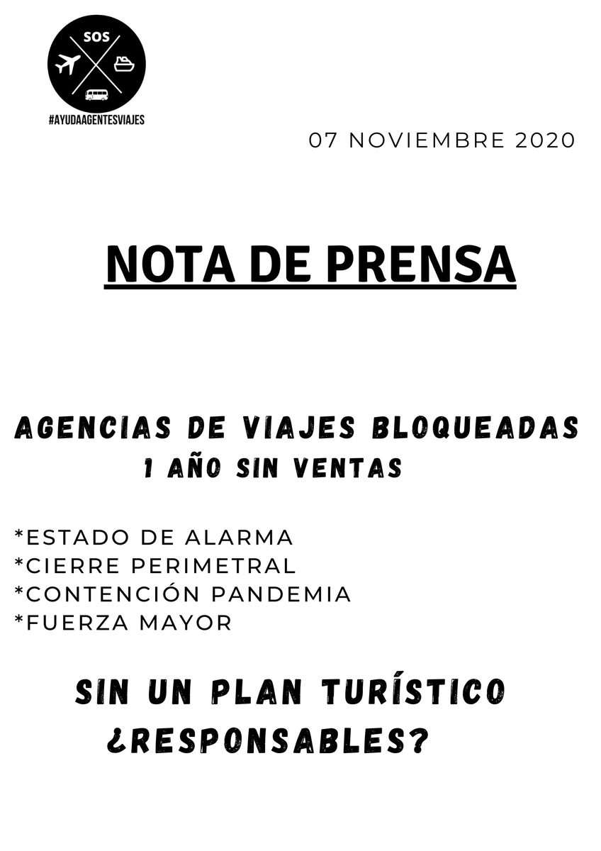 SosAgVi's tweet image. #AyudaAgentesViajes Os pasamos nota de prensa URGENTE AGENCIAS DE VIAJES.