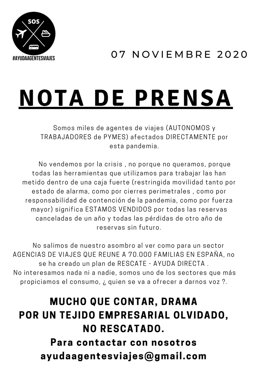 SosAgVi's tweet image. #AyudaAgentesViajes Os pasamos nota de prensa URGENTE AGENCIAS DE VIAJES.