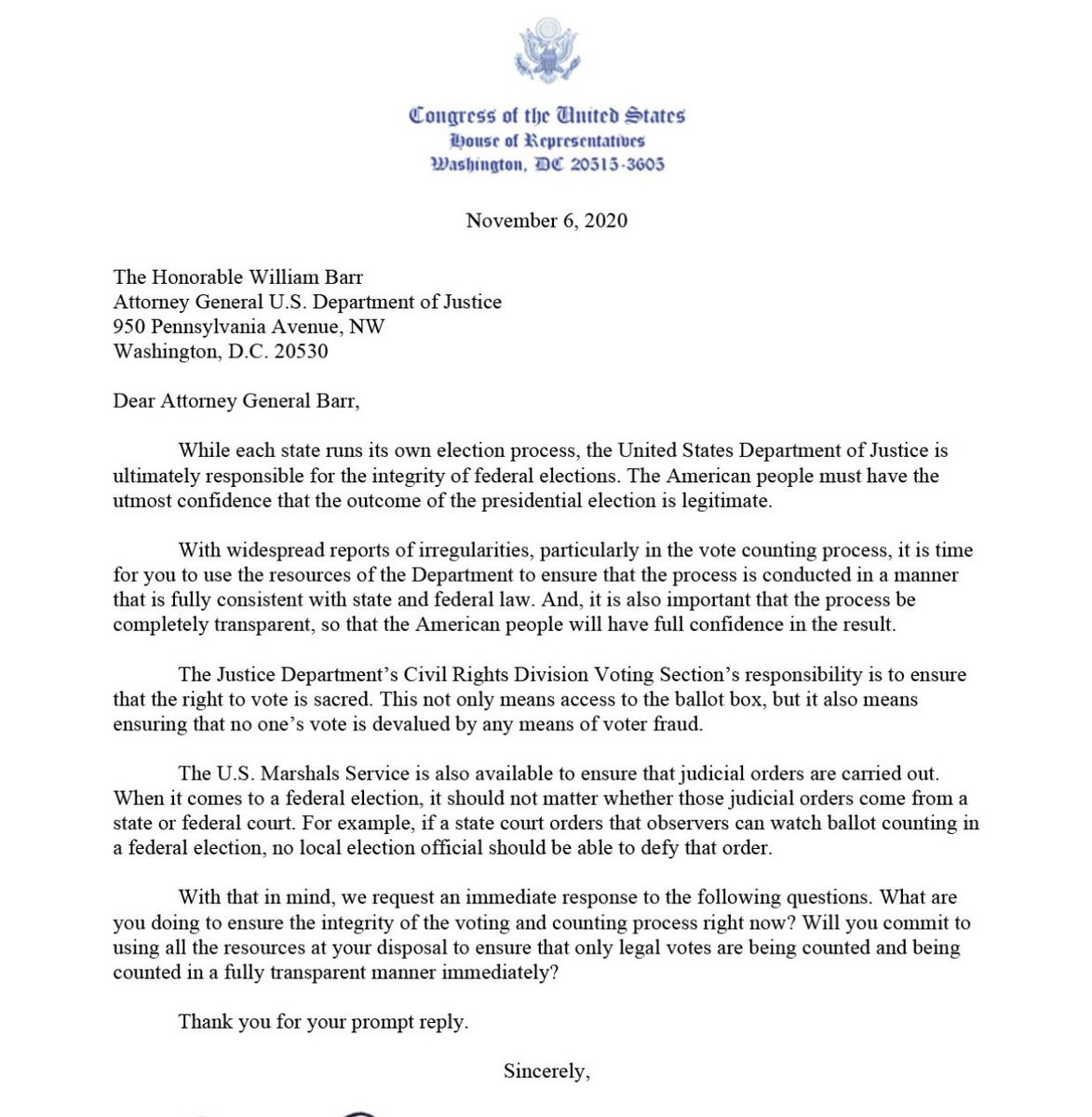 SenatorBanks's tweet image. I’ve joined 38 of my colleagues in writing a letter to AG Bill Barr requesting he investigate claims of voter fraud and make sure only all legal votes are counted in this election. 

The American people need to have confidence that the outcome of this election is legitimate!!