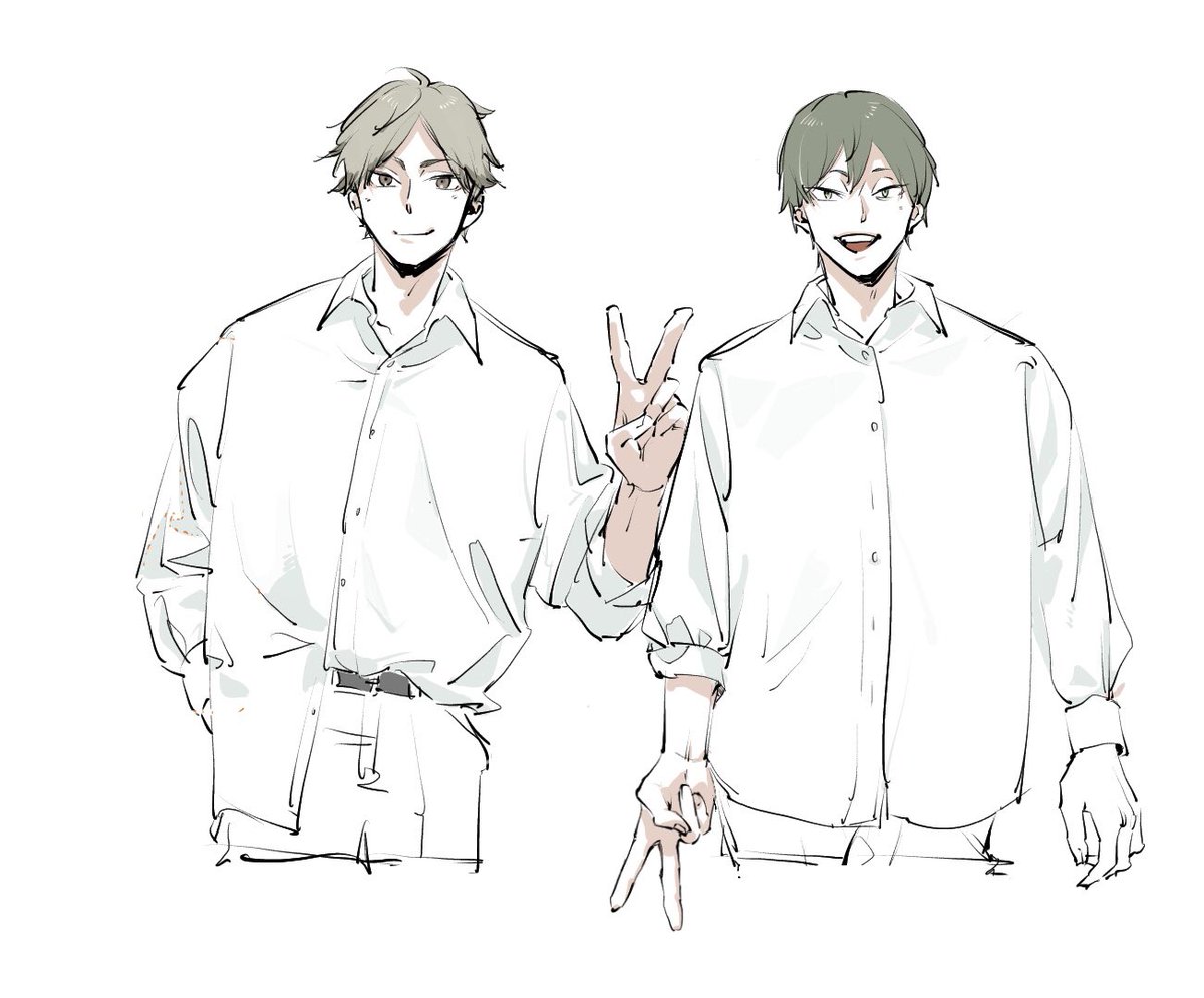 はいこんな感じです!!絵の描き方質問多かったから解説っぽく
〜これ描いとけばいい感じ〜

1枚目と3枚目みてもらったら分かるかもだけど服の生地の分厚さでシワの細かさが変わるっての覚えとくと◎
分厚い生地はシワ少ない!やったぜ!

影山国見美人ペアにはよく見るとクソださパーカー着せといた 