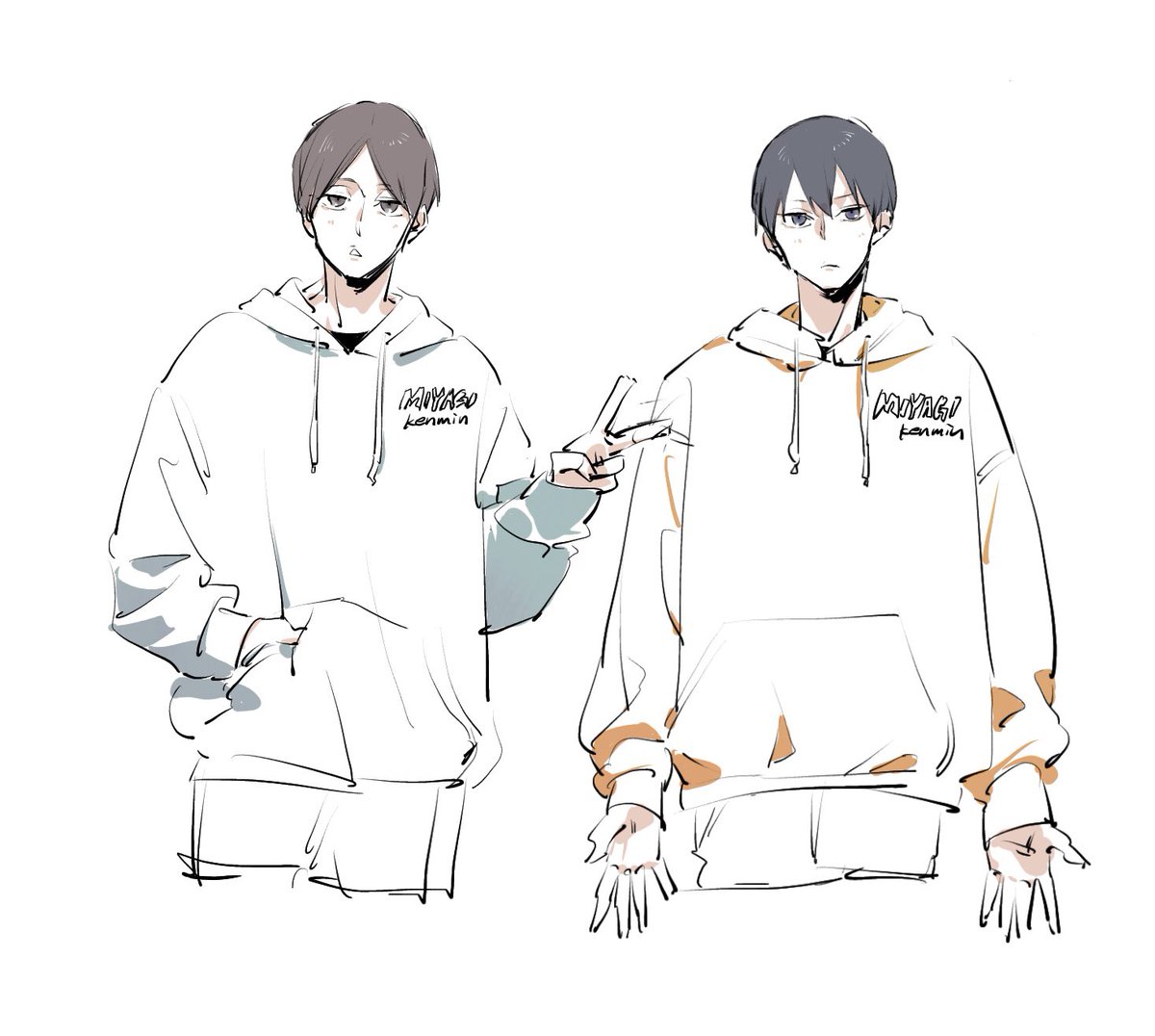 はいこんな感じです!!絵の描き方質問多かったから解説っぽく
〜これ描いとけばいい感じ〜

1枚目と3枚目みてもらったら分かるかもだけど服の生地の分厚さでシワの細かさが変わるっての覚えとくと◎
分厚い生地はシワ少ない!やったぜ!

影山国見美人ペアにはよく見るとクソださパーカー着せといた 