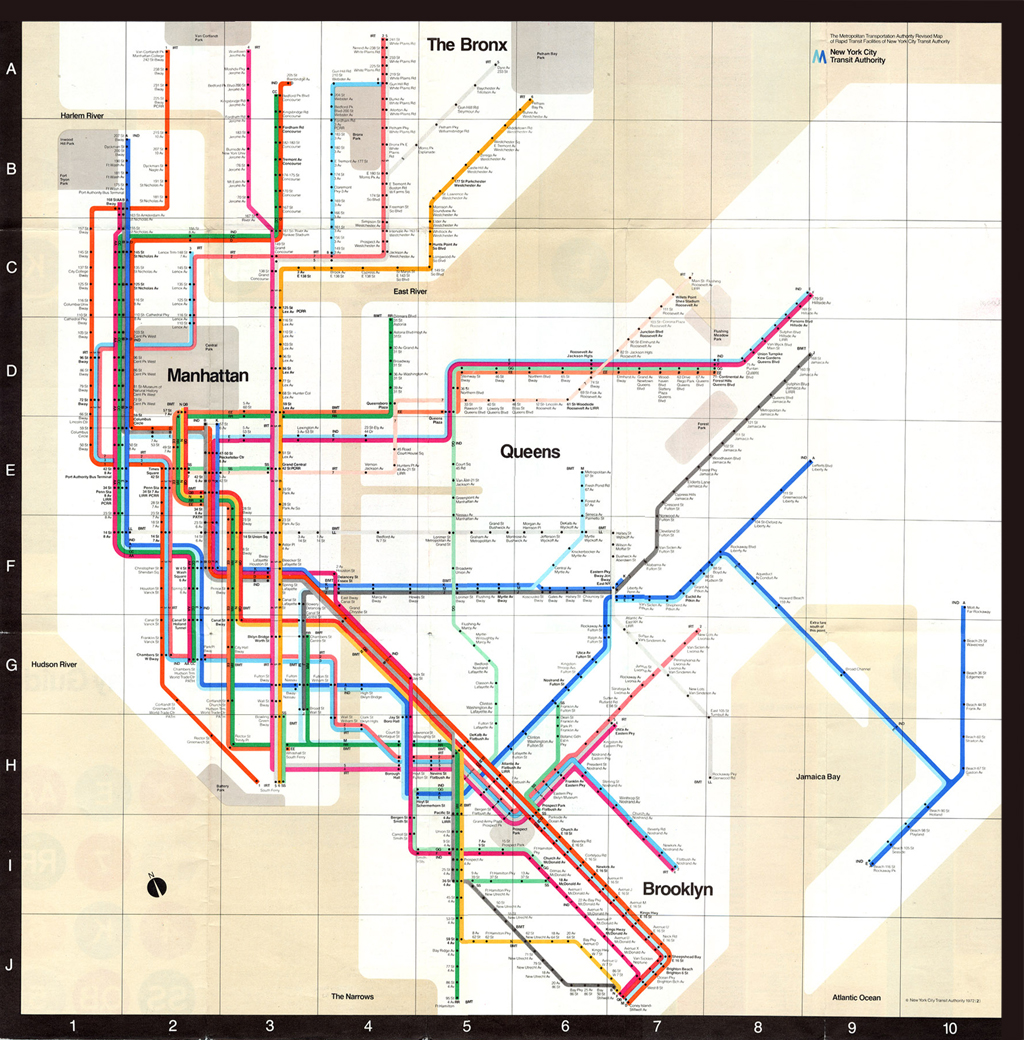 cbusquets's tweet photo. Me encanta el nuevo mapa digital del Metro de Nueva York.

La versión de 1972 de Vignelli, pese a ser estéticamente perfecta, no relacionaba el mundo exterior con el subsuelo.

La siguiente evolución (1979) de Michael Hertz Associates, incluía referencias de calles,... https://t.co/QpOAM2bRTX