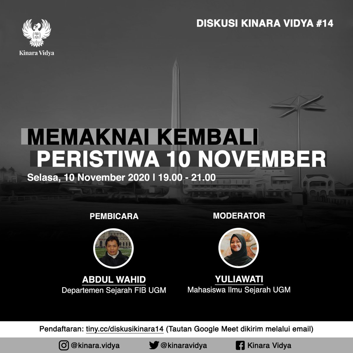 Dalam rangka "menghadirkan kembali" materi P4 pada bulan pahlawan ini, Kinara mengundang sosok yg sangat populer di kalangan mahasiswanya untuk berdiskusi mengenai Peristiwa 10 November. Sila mendaftar pada link tiny.cc/diskusikinara14~