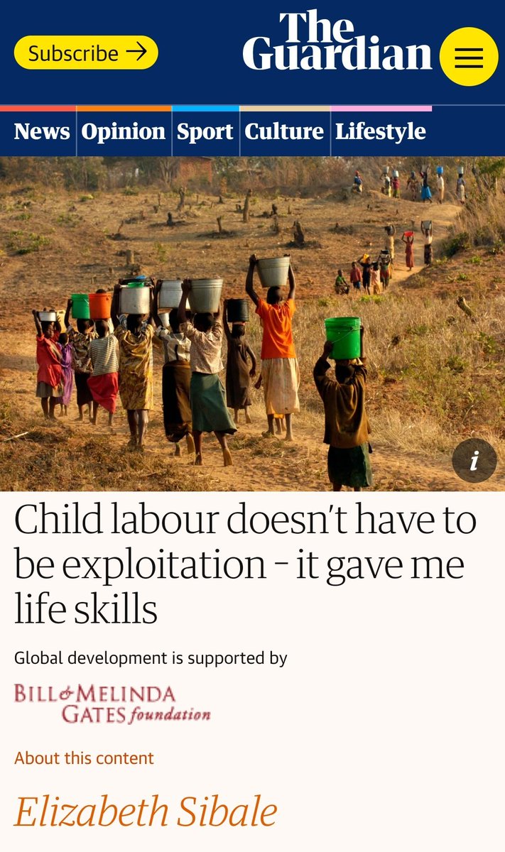 BrunelMarxist's tweet photo. For anyone who still thinks the @guardian is a remotely progressive force, here they are publishing an article advocating child labour, which was sponsored by the Bill and Melinda Gates foundation. https://t.co/jPDQwg9jHs