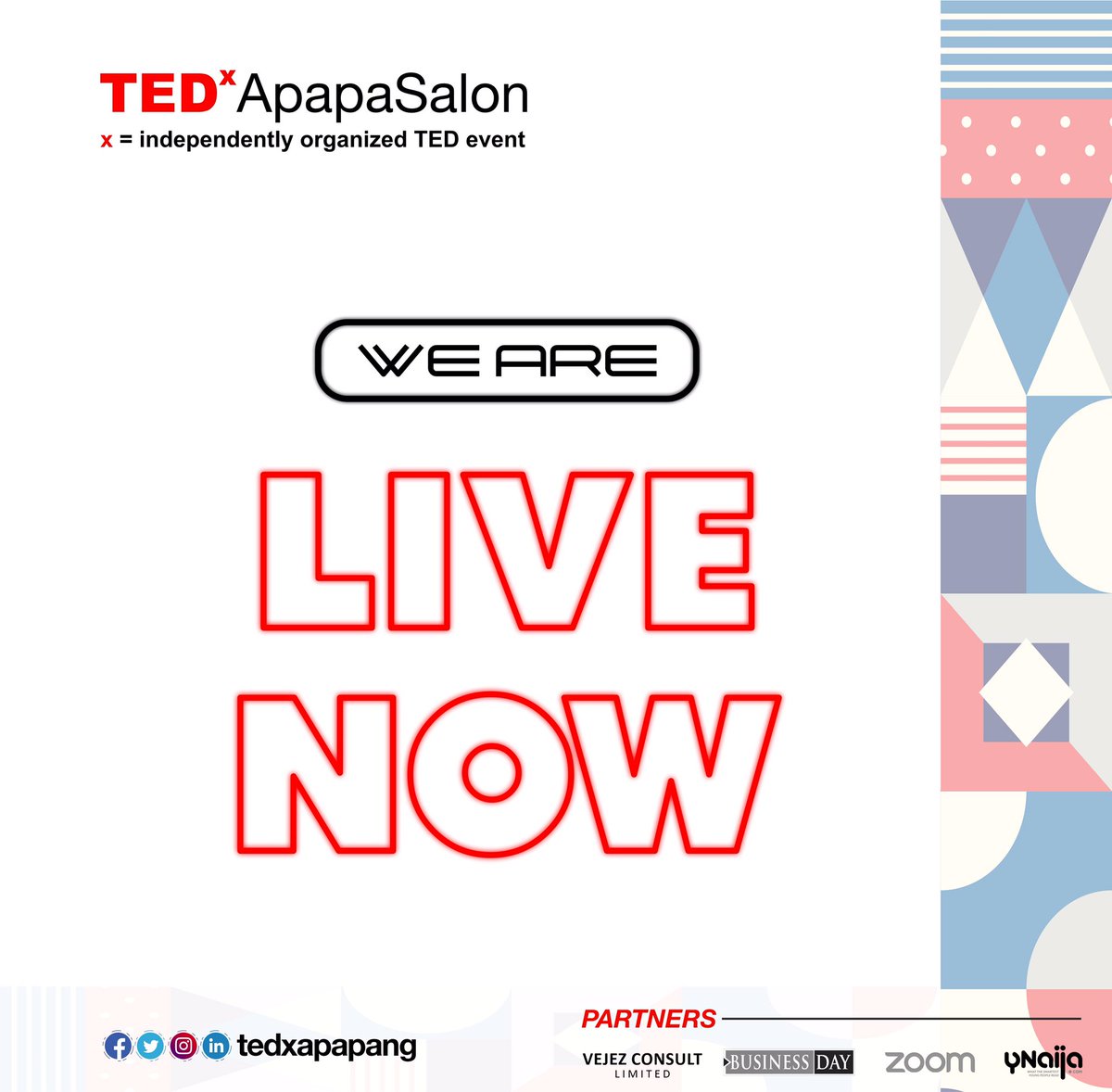 TEDxApapaNG's tweet photo. TEDxApapaSalon Event is LIVE !!!!!!!
Join the conversation with Ibitunde Balogun of @mytangerinelife https://t.co/6oM4Qv3wdc