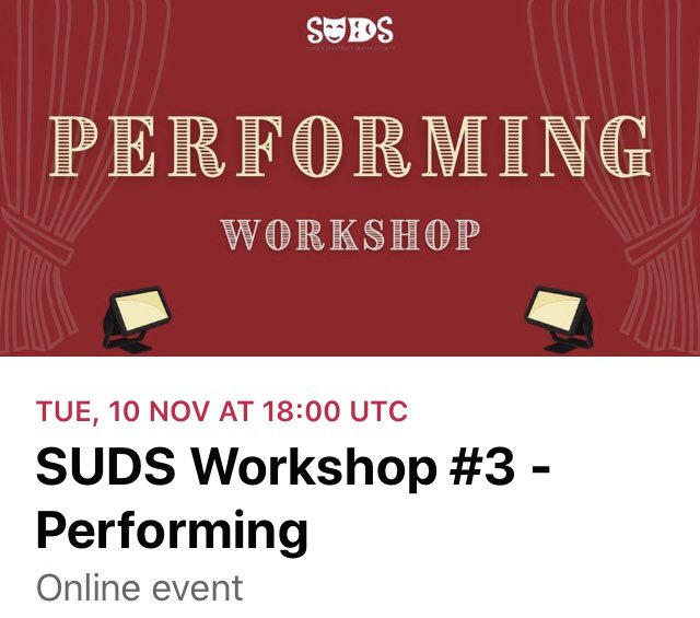 sudsofficial's tweet photo. Have you seen our AMAZING events for next week?! 
A performing workshop on Tuesday 🤩
And our social on Friday 🥳
check out the link tree in our page for all the info!! 
#sussexuni #drama #performing https://t.co/4frumU7kj4