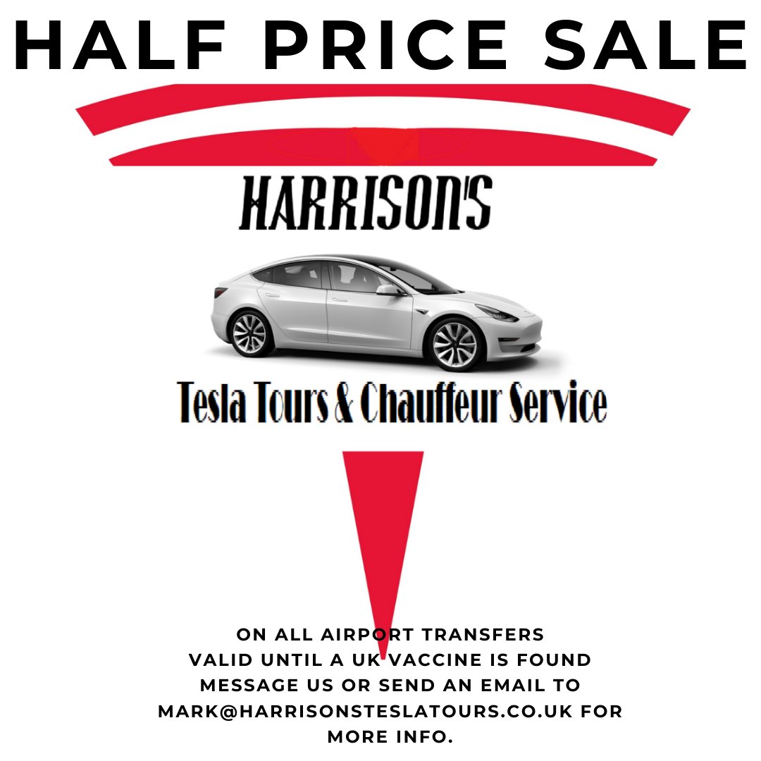 tesla_tour's tweet photo. Covid - 19 sale.
During these unprecedented times we are having an half price Half Price Airport Chauffeur sale - face masks must be worn.
Book your trip in a Tesla now 
contact me on all social media platforms or email me mark@harrisonsteslatours.co.uk https://t.co/PM7VxF8tGG