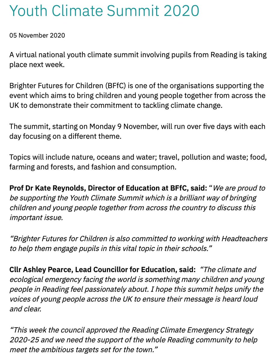 Thank you Prof Dr @education_kate of @BFfC_Child @educationbffc1 and Cllr @ashleypearce84 of @ReadingCouncil @ReadingLabour for supporting next week's #YouthClimateSummit2020 coinciding with #ReadingClimateFestival 
brighterfuturesforchildren.org/youth-climate-…
#ClimateAction #youthvoice 💪🏽💚🌍