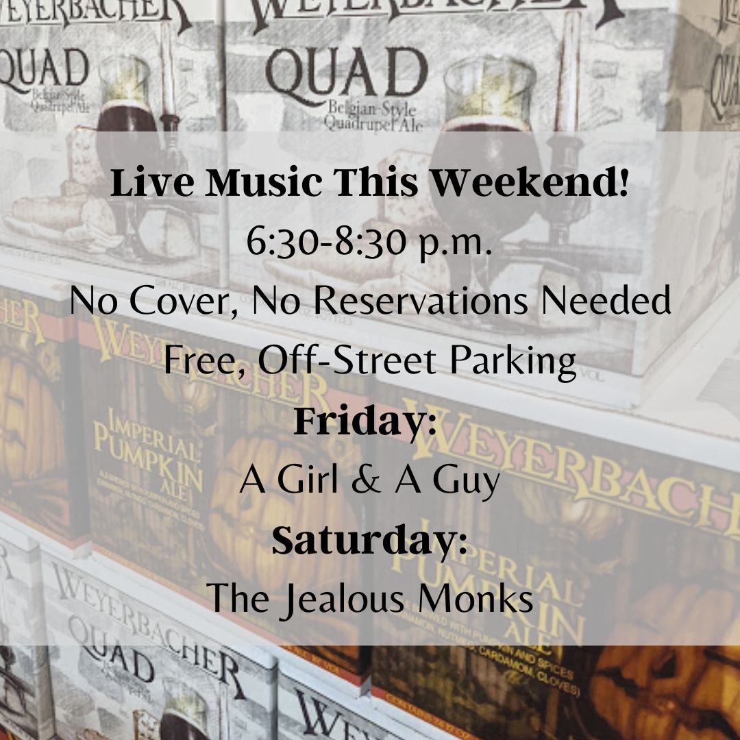 Hang out with us tonight for music by The Jealous Monks from 6:30-8:30! 

No cover; No reservations needed; Indoor &amp; Outdoor seating; Free off-street parking!