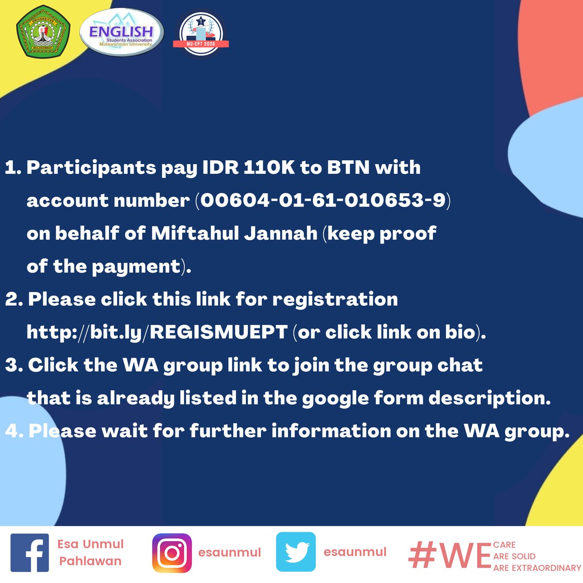 esaunmul's tweet photo. Hi guys!! 
MU-EPT registration is open! 

The registration starts from:
Date: 6th- 18th November 2020
Via: Google Form

Registration fee: IDR 110K
Requirement: a copy of student's card (KTM)

#ESA
#WeCare
#WeAreSolid
#WeAreExtraordinary https://t.co/0MOxhfdZOn