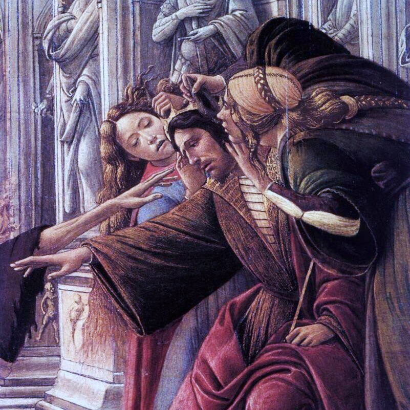 Calumny of Apelles (c1494-5) is based on the recreation of a work of a Classical artist where all his work has disappeared. Botticelli created a classical background yet populated it with stunning forms. I love the handsome man beset by beauties. True (if melodramatic) drama.