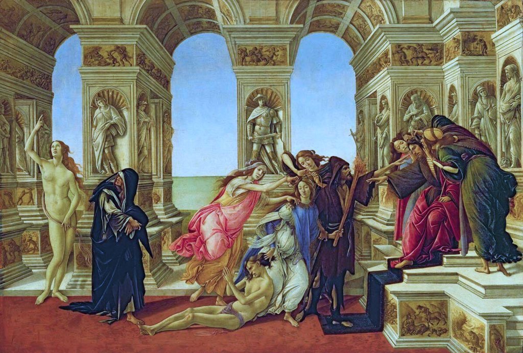 Calumny of Apelles (c1494-5) is based on the recreation of a work of a Classical artist where all his work has disappeared. Botticelli created a classical background yet populated it with stunning forms. I love the handsome man beset by beauties. True (if melodramatic) drama.