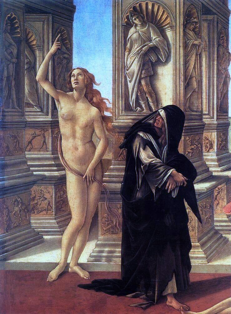 Calumny of Apelles (c1494-5) is based on the recreation of a work of a Classical artist where all his work has disappeared. Botticelli created a classical background yet populated it with stunning forms. I love the handsome man beset by beauties. True (if melodramatic) drama.