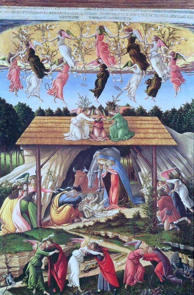 Agony in the Garden (1500) & Mystical Nativity (1500). The latter work hangs in the London National Gallery. It is full of incident, symbolism & meaning. However the joy here is the beauty & interaction of the figures.
