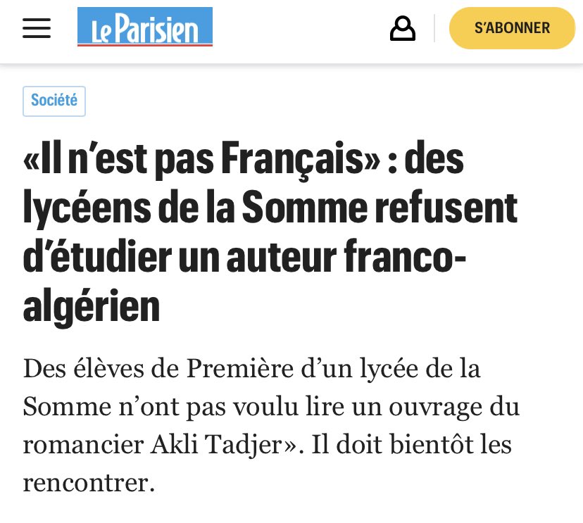 En septembre 2018, la polémique raciste est venue d’un livre, celui de l’écrivain franco-algérien Akli Tadjer. Dans un lycée de la Somme, des élèves d’une classe de 1ère ont refusé de lire son oeuvre, « Le porteur de cartable », choisie par leur enseignante.