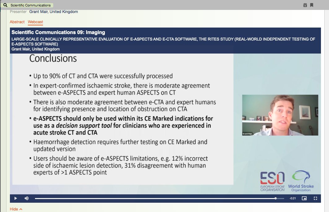 BIASPstroke's tweet photo. Grant Mair on RITeS-Large independent assessment of AI software: eASPECTS, eCTA:
moderate agreement between e-ASPECT v expert human ASPECT scores; moderate agreement between eCTA and expert humans for locating obstruction on CTA. @TheStrokeAssoc@EdinUniBrainSci @EdinUniNeuroImg https://t.co/TQ8tAm7NaG
