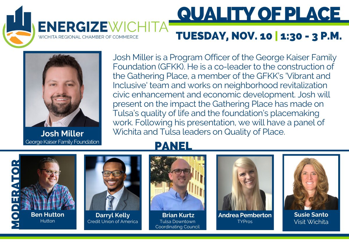 How can Wichita retain and grow our current talent base? 
Join us next Tuesday for this virtual event as we learn from a panel of experts moderated by our 2021 Chair <a href="/BenjamenH/">Ben Hutton</a>.  #placemaking. 
Register at wichitachamber.org/events.