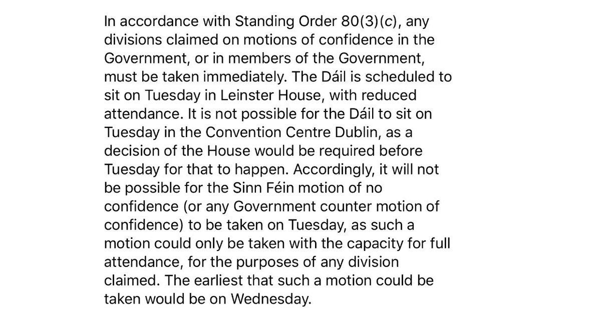 Sinn Féin have known since yesterday that they’ve botched their motion of no confidence for Tuesday.
⬇️ See Oireachtas opinion below.
They misled Dáil Business Committee on Thursday when motion &amp; vote could have been organised for Convention Centre. 
Government working to resolve