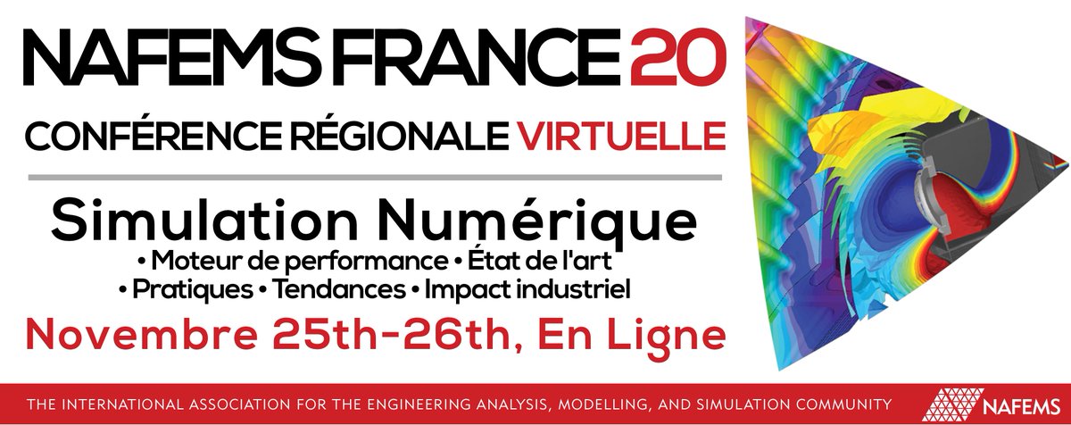 NAFEMS's tweet image. Rejoignez-nous lors de la Conférence Régionale NAFEMS France qui aura lieu le 25-26 novembre, en ligne 👨🏽💻. Elle sera l’occasion, en tant que communauté, de faire le point sur les avancées dans toutes les disciplines de la #simulation numérique: ow.ly/IN9050CdB9G